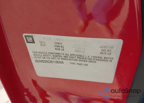 2008 Pontiac Grand Prix Gxp from USA, damaged, VIN 2G2WC55C281105936